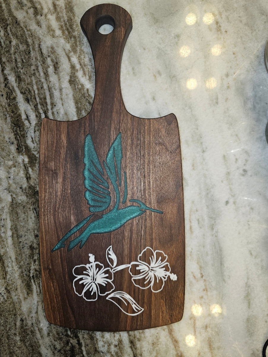 Small Walnut  Hibiscus and Humming Bird Epoxy Inlay Cutting board