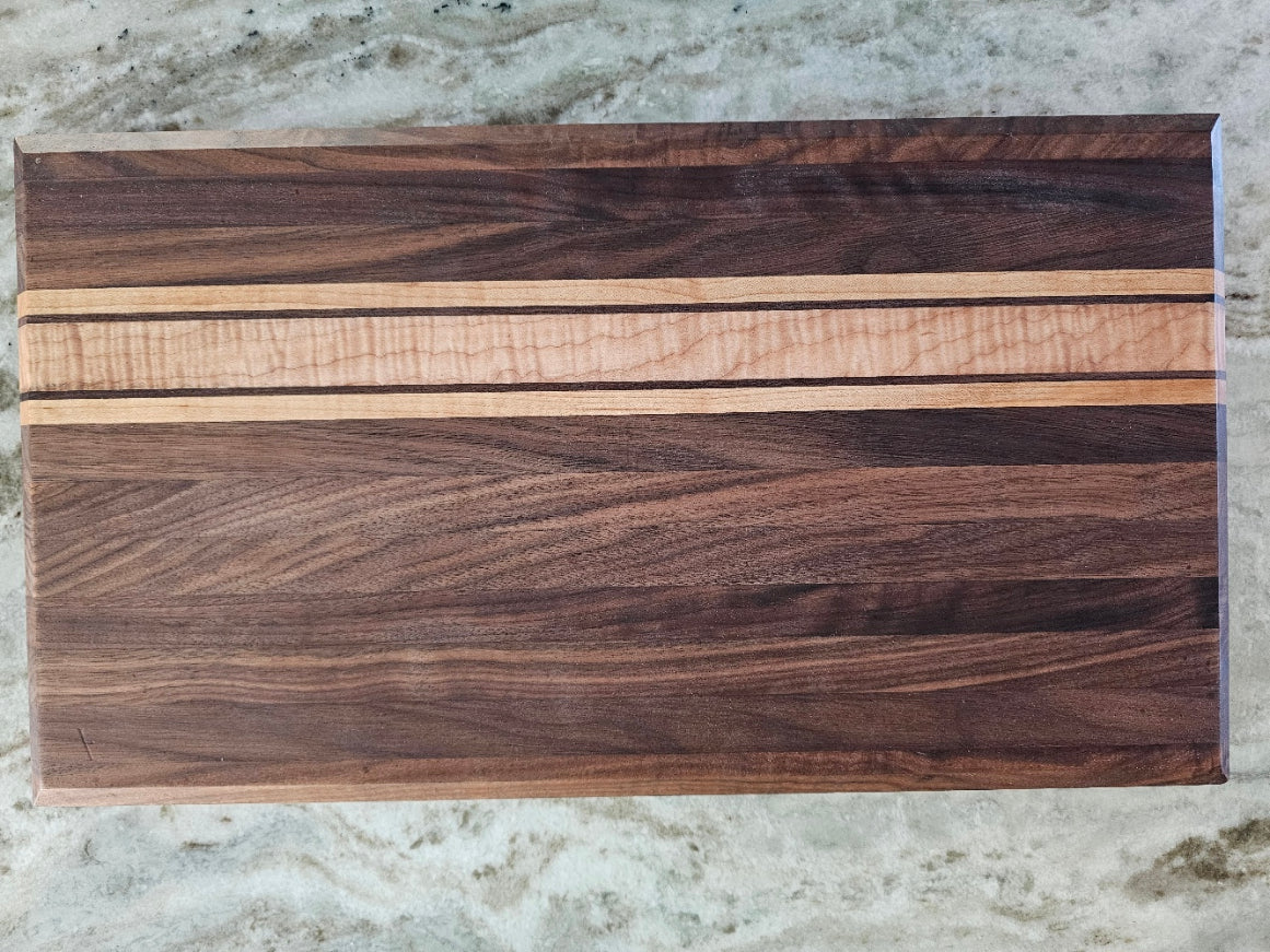 Large Walnut Cutting Board with Maple and Curly Maple Accents