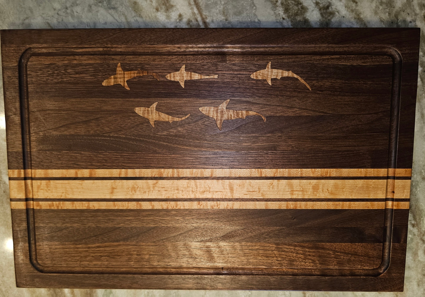 Large Walnut Cutting Board with Birds-eye Maple Accents and Curly Maple Shark Inlays