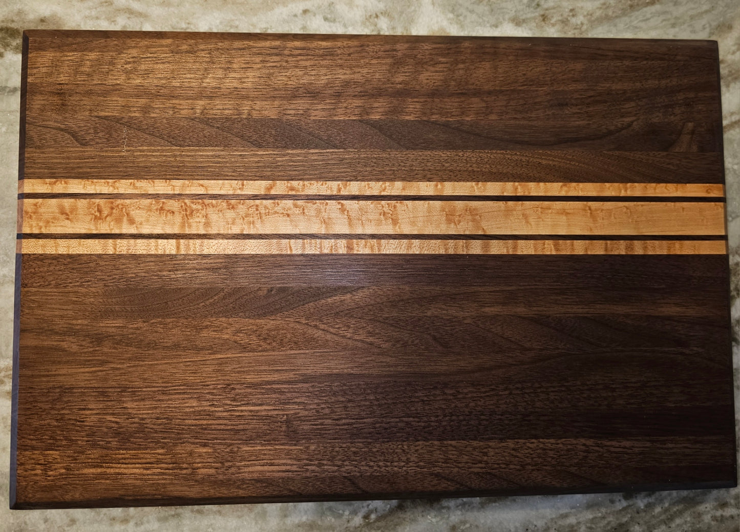 Large Walnut Cutting Board with Birds-eye Maple Accents and Curly Maple Shark Inlays