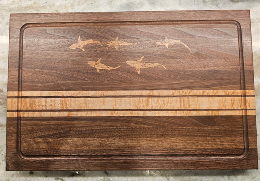 Large Walnut Cutting Board with Birds-eye Maple Inlays and Curly Maple Shark Accents